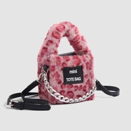 PINK LEOPARD PRINT FAUX FUR MINI TOTE BAG